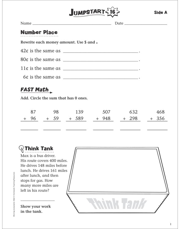 independent practice grade 3 math jumpstart 16 printable skills sheets