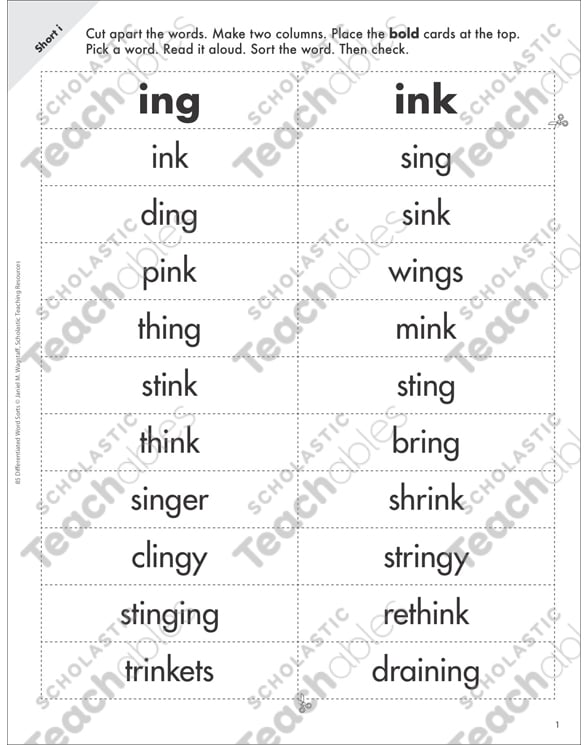 Short i (ing, ink) Differentiated Word Sort Printable Lesson Plans