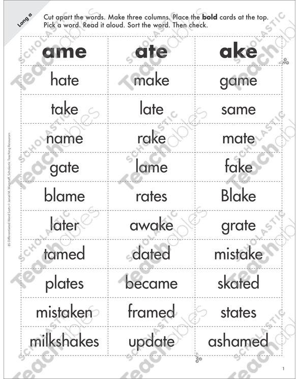 Long A Ame Ate Ake Differentiated Word Sort Printable Lesson Plans And Ideas Research And Study Tools
