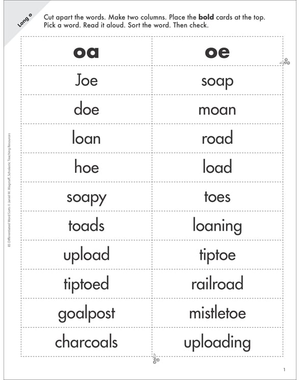 Long O oa Oe Differentiated Word Sort Printable Lesson Plans 