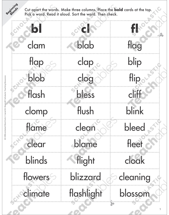 Beginning Blends Bl Cl Fl Word Sort Printable Lesson Plans And Ideas Research And Study Tools