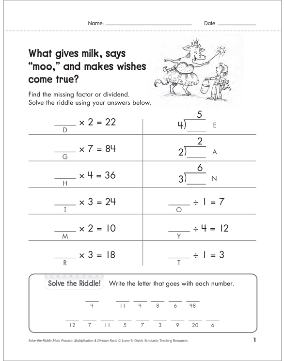 Solve the Riddle Multiplication Division With Missing Factors And Dividends 1 s To 4 s 