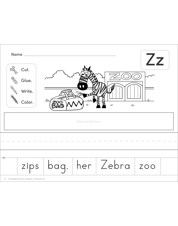 Letter Zz: Scrambled Sentence Alphabet Page | Printable Cut, Pastes and ...
