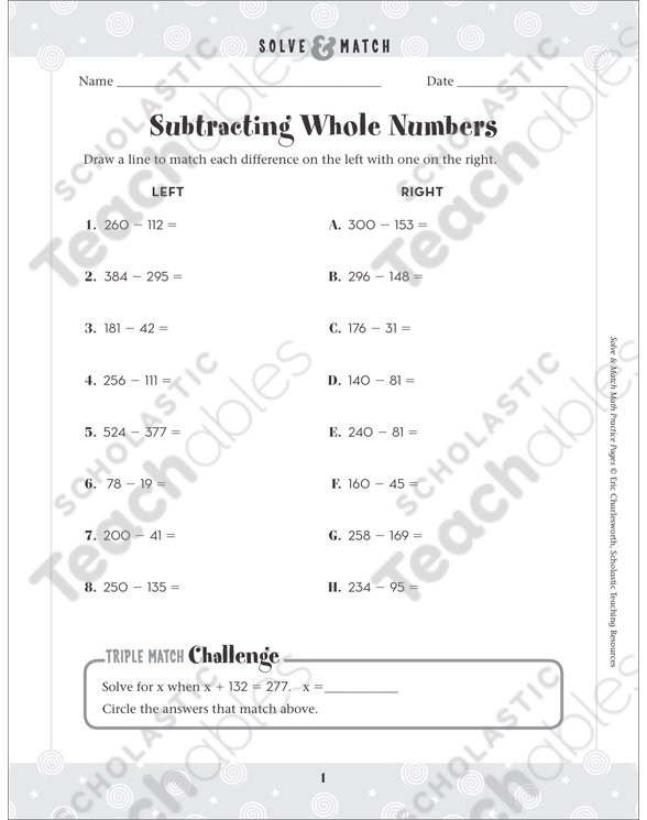 Subtracting Whole Numbers: Solve & Match Math | Printable ...