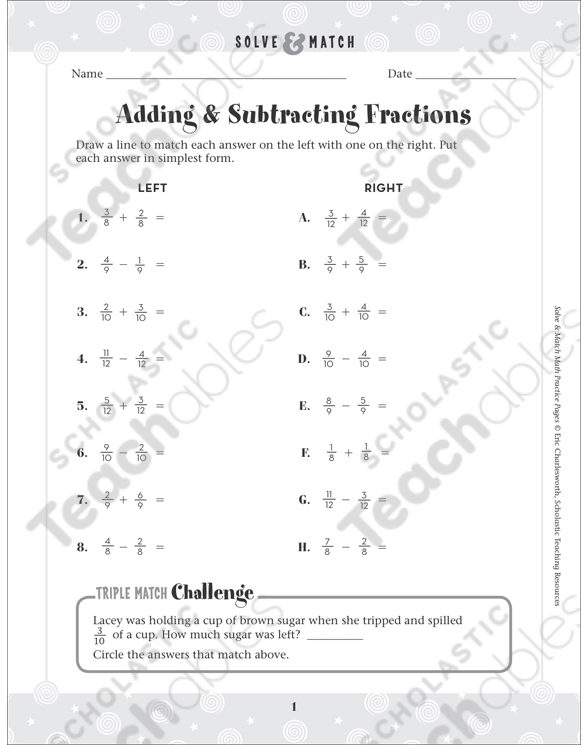 Adding & Subtracting Fractions: Solve & Match Math | Printable Skills Sheets