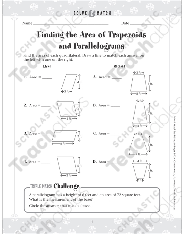 Finding Area—Trapezoids & Parallelograms: Solve & Match Math ...