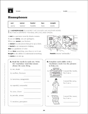 homophones grade 6 vocabulary printable skills sheets
