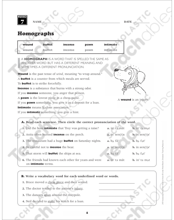 homographs grade 6 vocabulary printable skills sheets