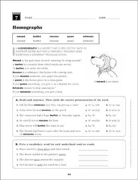 homographs grade 6 vocabulary printable skills sheets