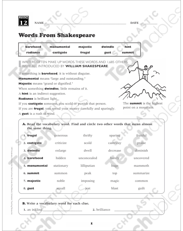 Words From Shakespeare: Grade 6 Vocabulary | Printable Skills Sheets
