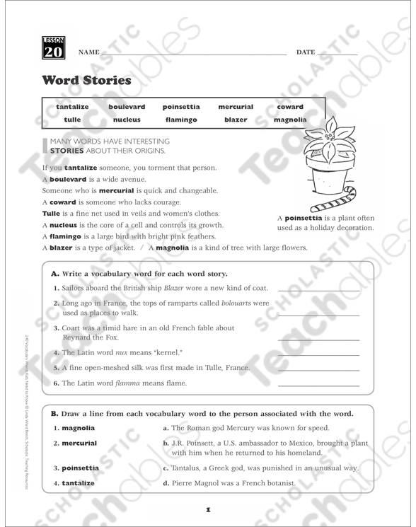 Word Origin Stories: Grade 6 Vocabulary | Printable Skills Sheets