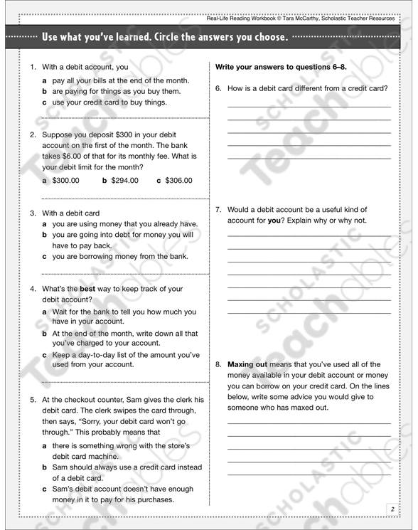Use a Debit Card Wisely: Life Skills | Printable Skills Sheets