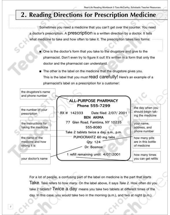 Reading Directions for Prescription Medicine: Life Skills ...