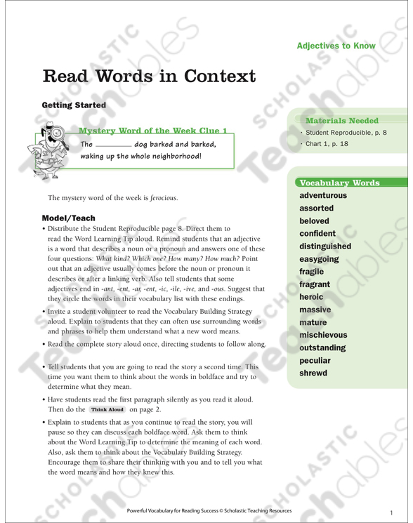 Adjectives: Read Words in Context (Grade 5) | Printable ...