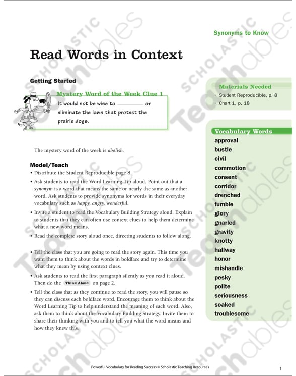 Synonyms to Know: Read Words in Context (Grades 4-5 ...