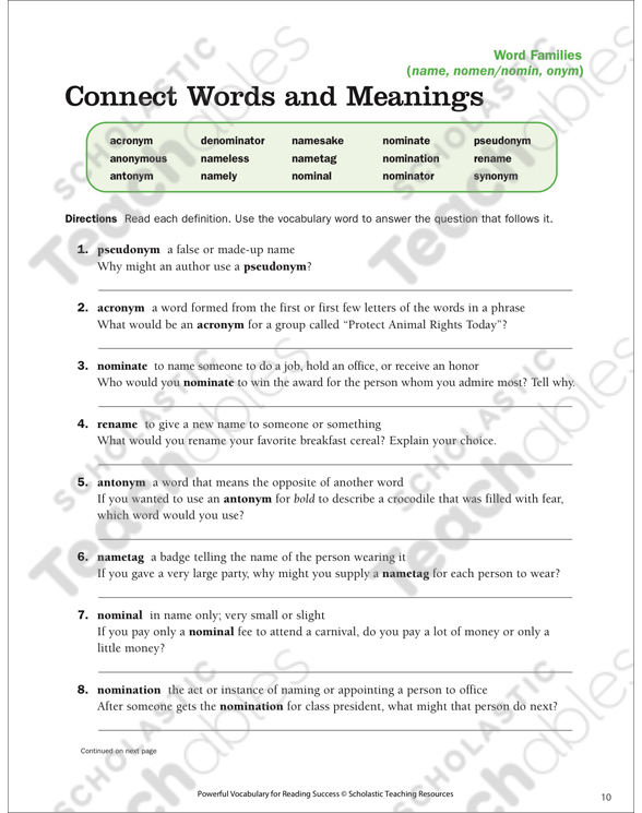 Word Families Be A Word Architect Name Terms Printable Lesson Plans And Ideas Skills Sheets