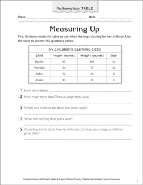 Measuring Up: Math Table | Printable Skills Sheets