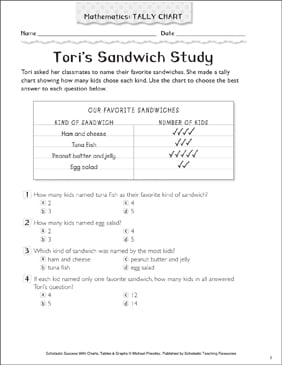 Tori's Sandwich Study: Math Tally Chart | Printable Skills Sheets