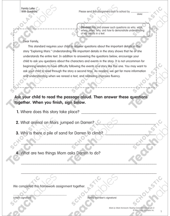Exploring Mars Reading Homework Printable Texts and Skills Sheets