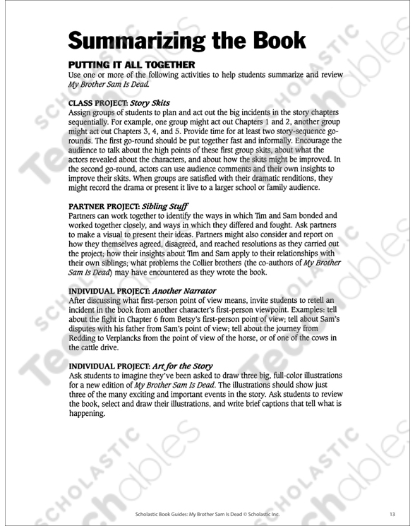 Book Guide My Brother Sam Is Dead Printable Ebooks Graphic Organizers