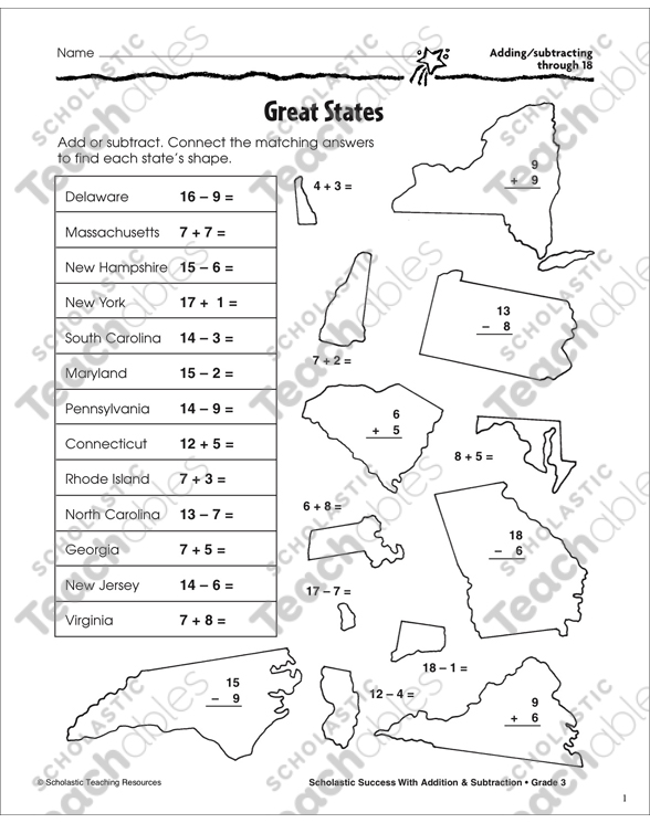 Great States (Adding/Subtracting through 18) | Printable ...