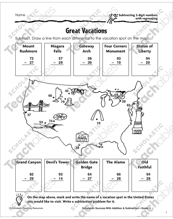 Great Vacations (Subtract/2-Digits/Regrouping) | Printable ...