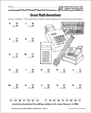 Great Math Inventions (+,-/2-Digits/Regrouping) | Printable ...