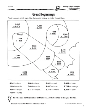 great beginnings add 4 digit numbers regrouping printable skills sheets