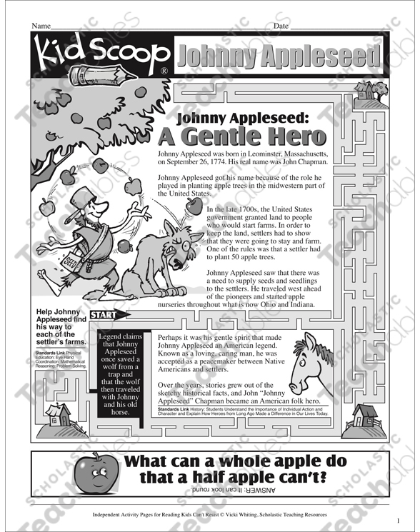 Johnny Appleseed: Independent Reading Activity Pages ...