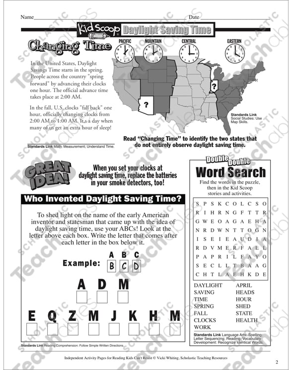 Daylight Savings Time Independent Reading Activity Pages