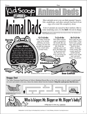 Animal Dads: Independent Reading Activity Pages | Printable ...