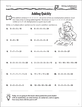 adding quickly writing multiplication sentences printable skills sheets
