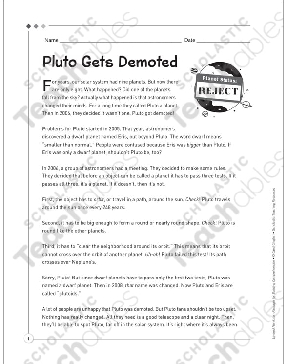 Pluto Gets Demoted Leveled Nonfiction Passage Printable Texts Skills Sheets