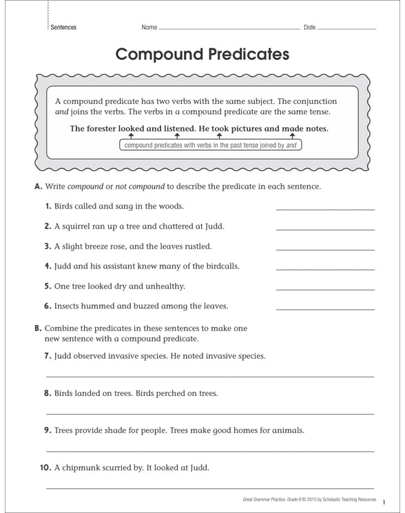 Compound Predicates: Grammar Practice Page | Printable Skills Sheets