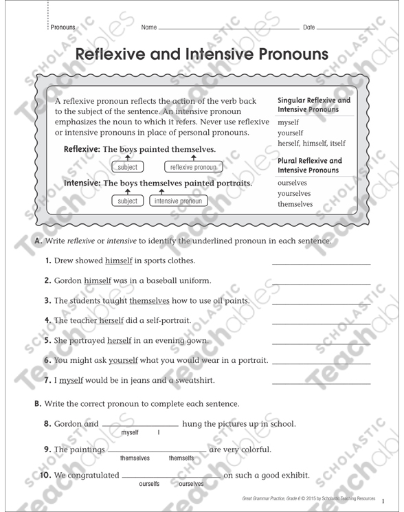 Reflexive And Intensive Pronouns Worksheet With Answer