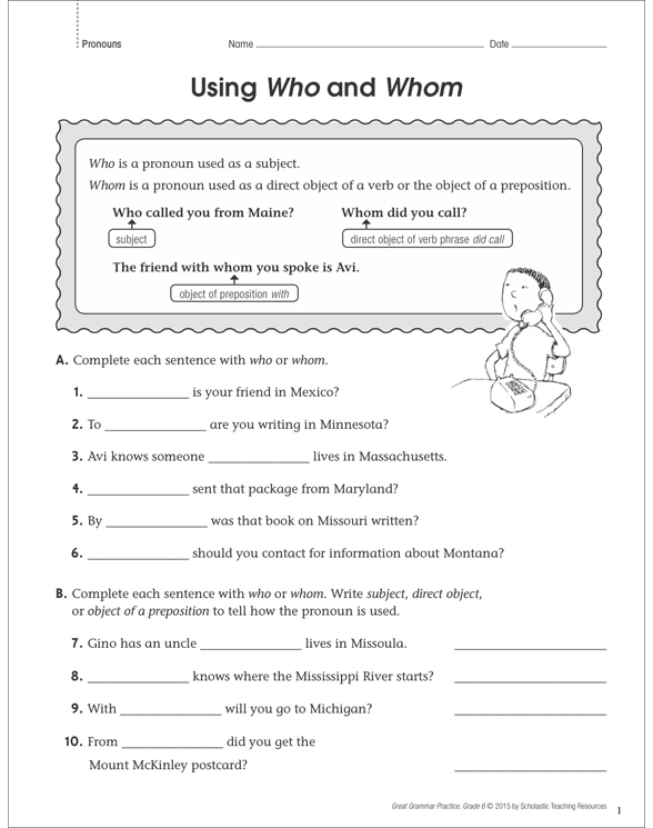 Using Who and Whom Grammar Practice Page Printable Skills Sheets