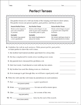 Perfect Tenses (Verbs): Grammar Practice Page | Printable ...