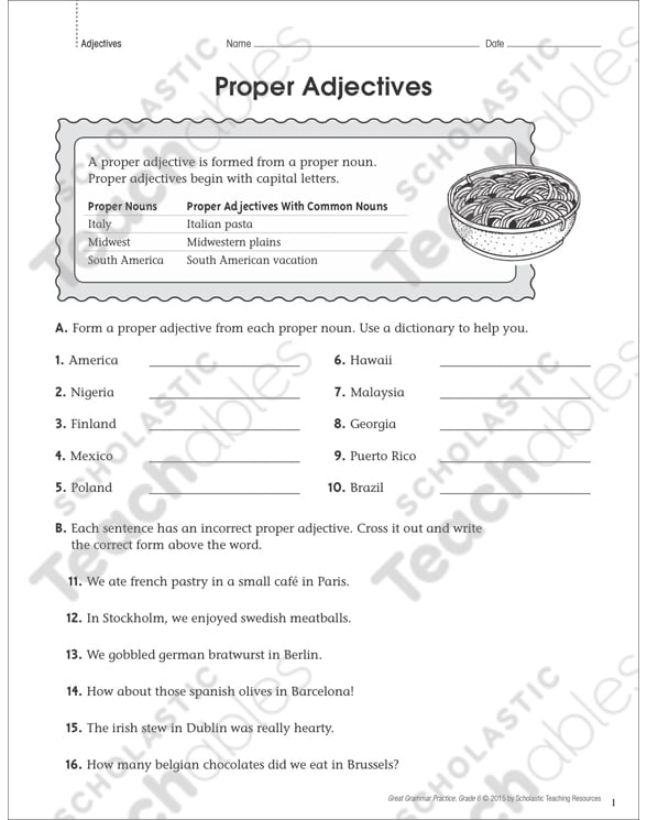 Proper Adjectives: Grammar Practice Page | Printable Skills ...