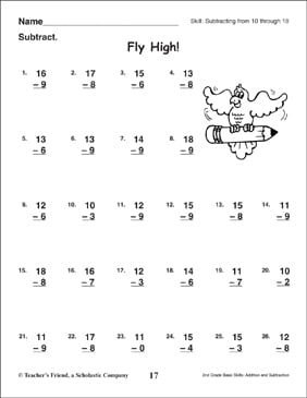 Fly High! (Subtracting From 10 Through 18) | Printable Skills Sheets