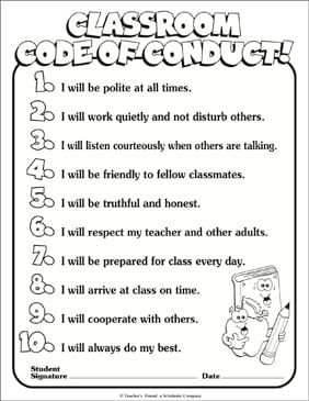 classroom code of conduct coloring page printable charts and signs