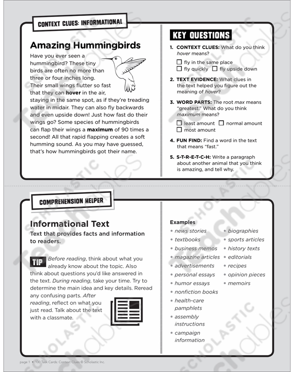Amazing Hummingbirds: Context Clues Task Card | Printable ...