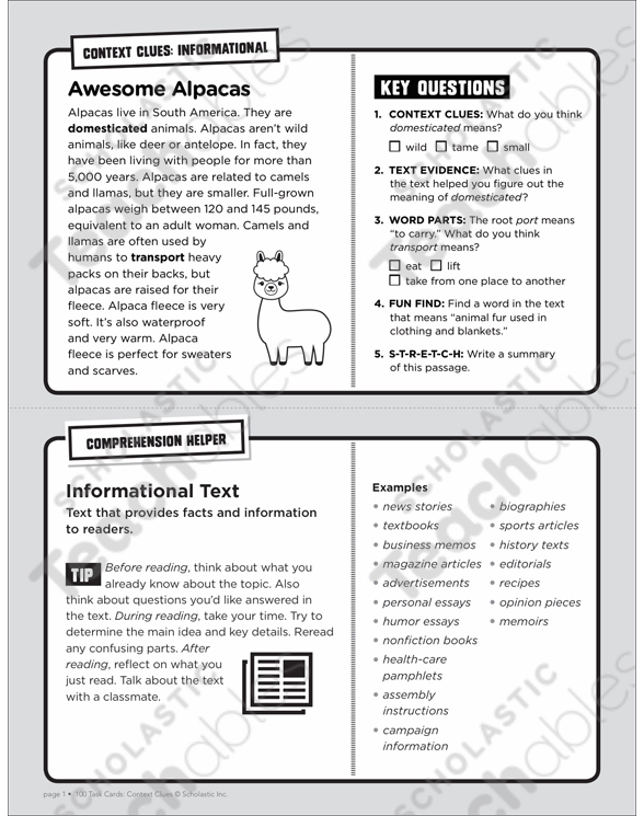 Awesome Alpacas: Context Clues Task Card | Printable Skills Sheets, Lesson  Plans and Ideas