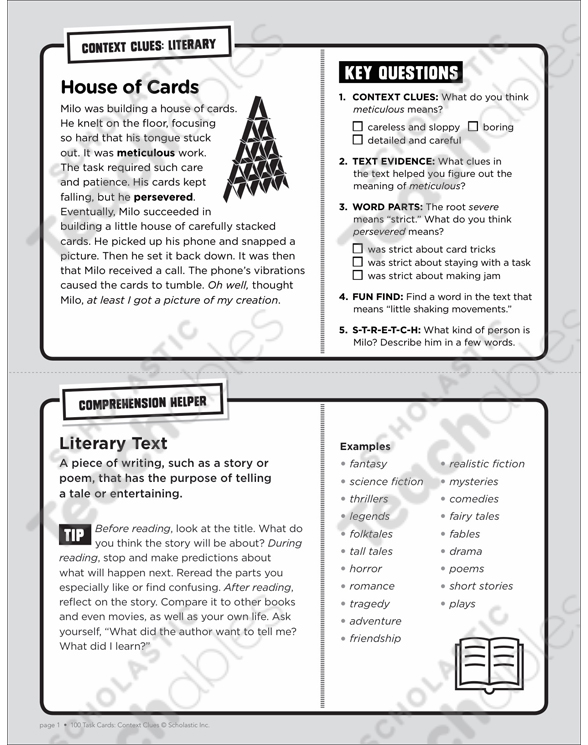 House of Cards: Context Clues Task Card | Printable Skills ...