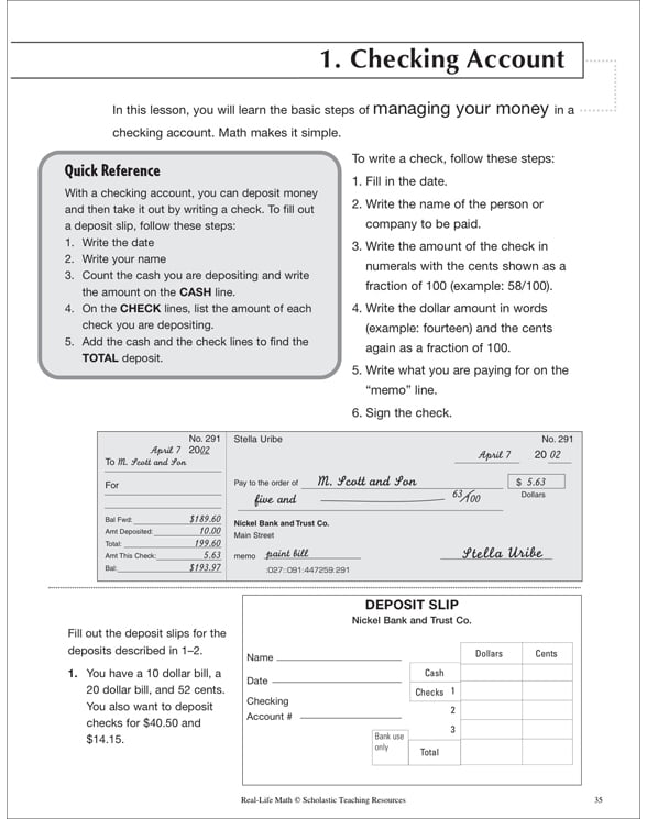 Checking Account: Life Skills Practice (Math) | Printable Skills Sheets