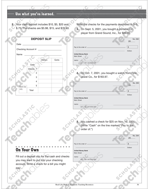 Checking Account: Life Skills Practice (Math) | Printable Skills Sheets
