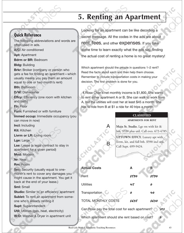 Renting an Apartment: Life Skills Practice (Math) | Printable ...