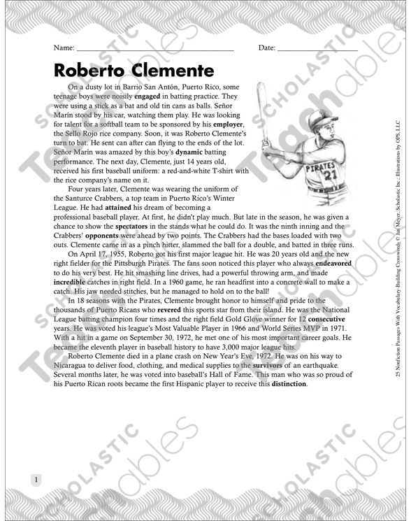 Roberto Clemente Worksheet Word Search Activity Baseball Hispanic Heritage
