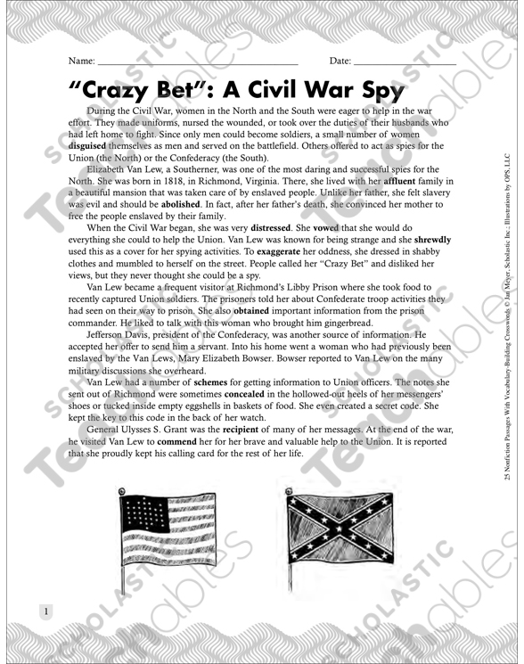 Crazy Bet”—Civil War Spy: Passage With Crossword | Printable ...