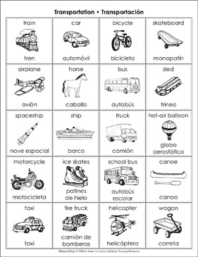 Transportation Transportacion Bilingual Bingo Games