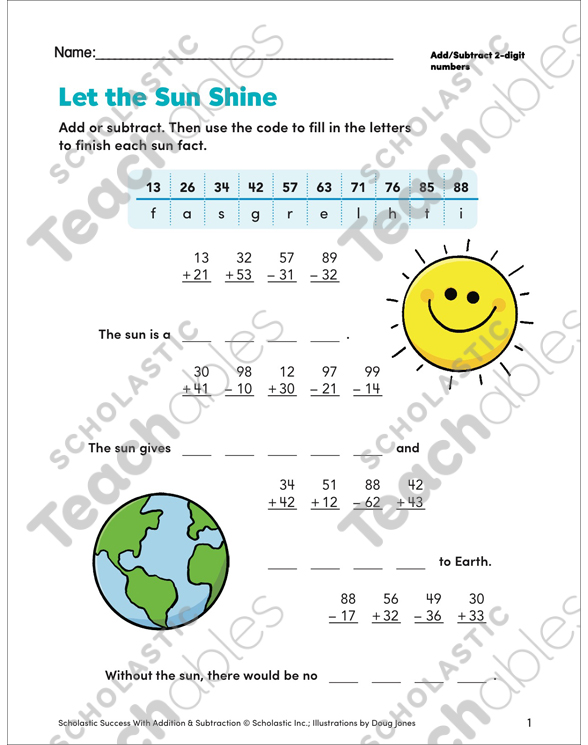 Let the Sun Shine (Add/Subtract 2-digit numbers) | Printable